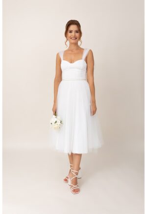 Rochie midi evazata cu model cu funde - Alb