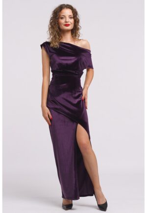 Rochie maxi catifelata cu decolteu pe un umar si slit frontal - Mov inchis