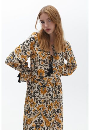 Rochie evazata cu model floral - Maro/Portocaliu/Crem