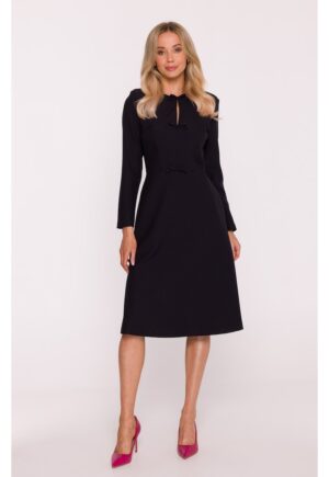 Rochie midi - S413 neagra decolteu rotund - maneci lungi - funde decorative - buzunare laterale - fermoar la spate - zi cu zi - Negru