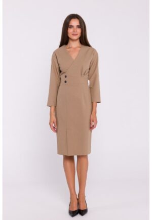 Rochie tip creion midi cu nasturi decorativi - Bej