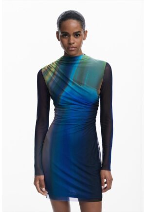 Rochie mini cambrata cu model tie-dye - Albastru royal/Verde sparanghel