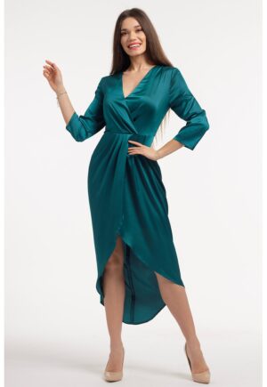 Rochie din satin cu decolteu in V - Verde persan