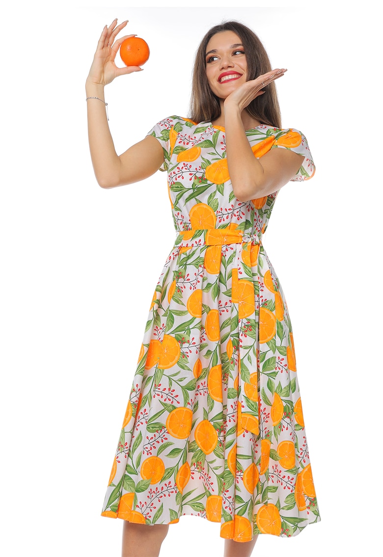 Rochie midi cu croiala evazata si maneci scurte - Portocaliu/Verde pal