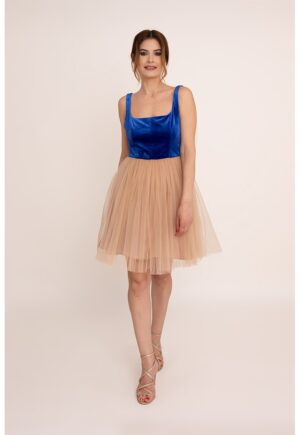 Rochie scurta cu funda Valeria - Albastru royal/Maro nisip