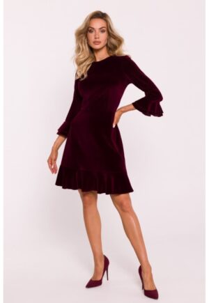 Rochie din velur cu volane - Visiniu