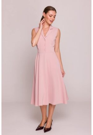 Rochie evazata cu guler - - Roz pudrat