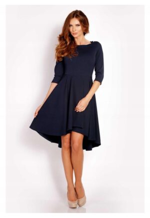 Rochie Dama -  L004 - Asimetrica Evazata Midi - Maneci 3/4 - Usor Evazata la Baza - Tesatura Confortabila cu Elastan - Croiala Clasica Eleganta - Ideala la Birou - Bleumarin - Albastru inchis