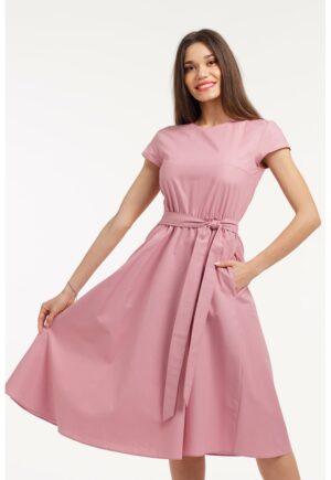 Rochie midi cu croiala evazata si maneci scurte - Roz prafuit