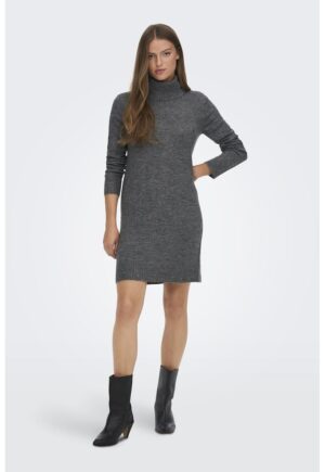 Rochie-pulover tricotata fin cu guler inalt - Gri melange