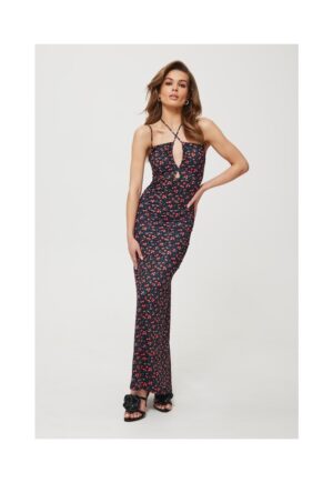 Rochie dama - maxi imprimata cu cravata la decolteu - Poliester - Negru - Multicolor