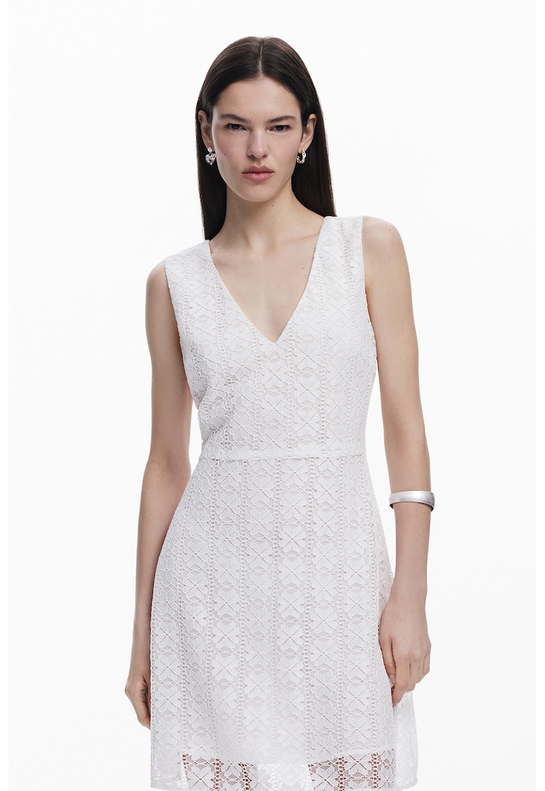 Rochie scurta cu dantela cu model floral - Alb murdar