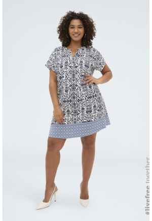 Rochie lejera cu model - Crem/Bleumarin