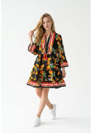 Rochie scurta de vara din bumbac cu imprimeu Amalfi - Negru/Portocaliu