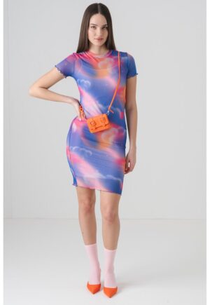 Rochie cu maneci scurte si imprimeu Nastaja - Fucsia/Portocaliu pal/Albastru