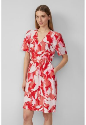 Rochie cu decolteu in V si cordon asortat - Alb/Coral