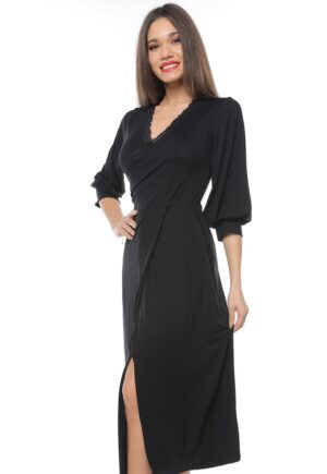 Rochie midi cu decolteu in V si slit frontal - Negru