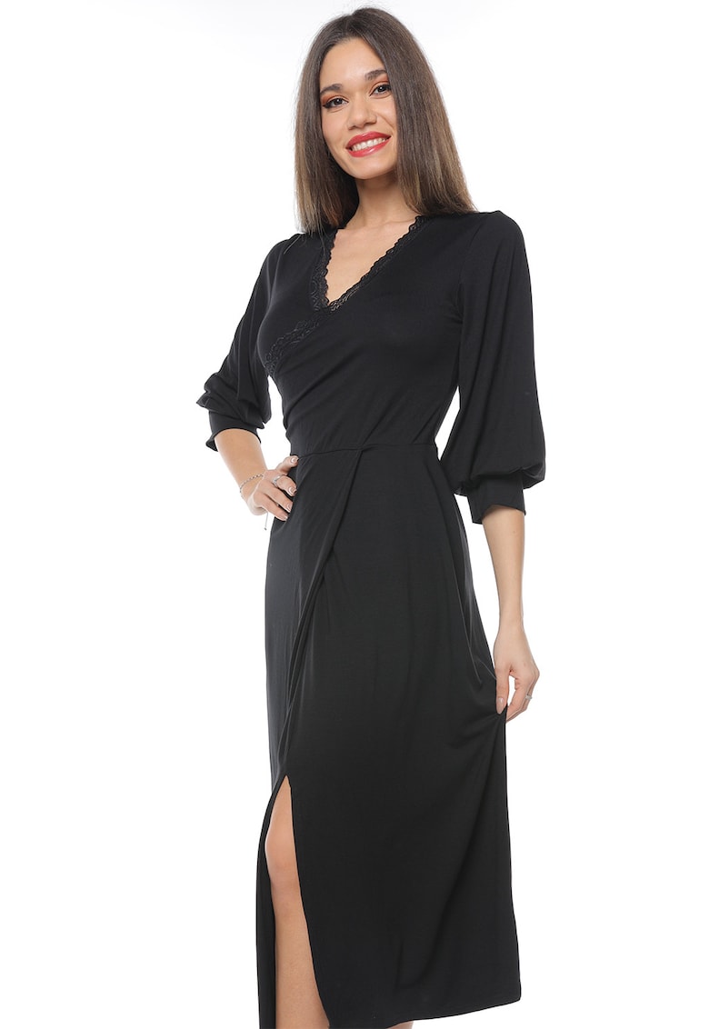 Rochie midi cu decolteu in V si slit frontal - Negru