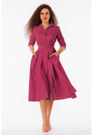 Rochie-camasa evazata cu cordon in talie - Roz inchis