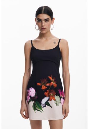 Rochie scurta cu model floral - Verde/Negru/Portocaliu