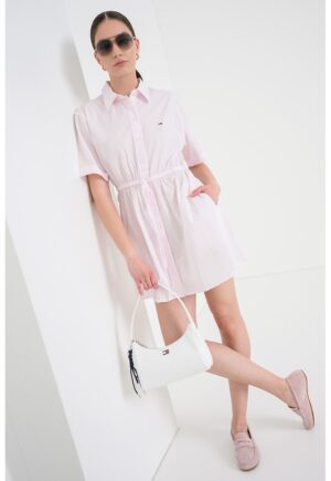 Rochie-camasa mini cu model in dungi - Alb murdar/Roz pal