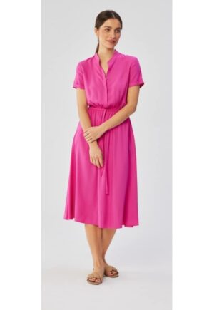 Rochie dama - cu guler inalt si cravata in talie - Poliester - Portocaliu - Liliac