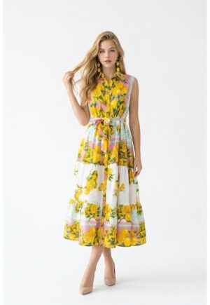 Rochie tip camasa midi de vara din bumbac cu imprimeu multicolor Amalfi - Alb/Galben/Roz