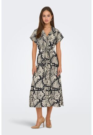 Rochie midi cu cordon in talie si model - Negru/Maro nisip