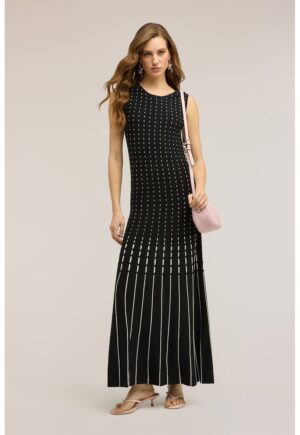 Rochie maxi evazata cu decolteu rotund - Alb/Negru