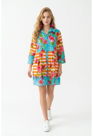 Rochie scurta tip camas de vara din bumbac alb cu imprimeu multicolor Positano Amalfi