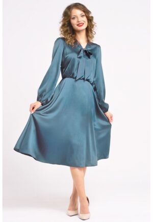 Rochie din satin cu funda din panglici - Verde persan