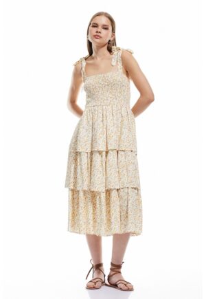 Rochie midi cu model stratificat - Alb/Portocaliu pal/Verde sparanghel