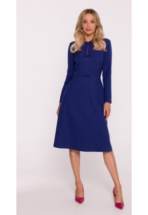 Rochie midi - S413 neagra decolteu rotund - maneci lungi - funde decorative - buzunare laterale - fermoar la spate - zi cu zi - Albastru