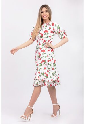 Rochie midi cu maneci bufante - Rosu/Alb/Verde