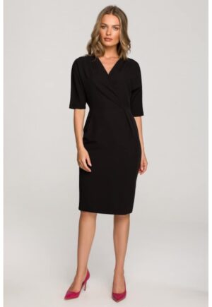 Rochie midi cu decolteu cache-coeur si maneci scurte - - Negru