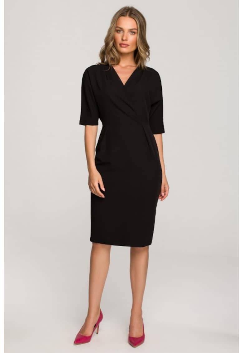 Rochie midi cu decolteu cache-coeur si maneci scurte - - Negru