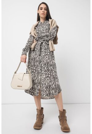 Rochie midi evazata cu maneci lungi - Alb/Gri antracit