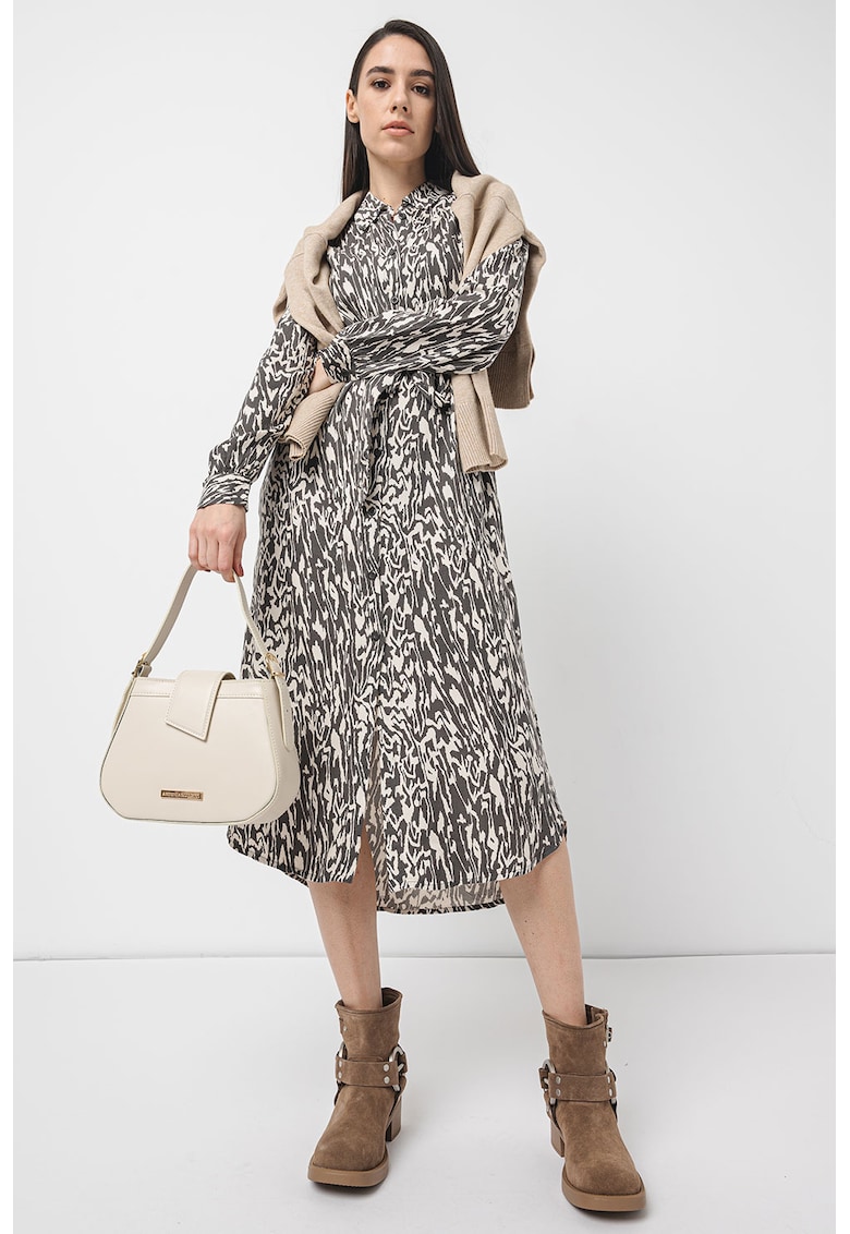 Rochie midi evazata cu maneci lungi - Alb/Gri antracit