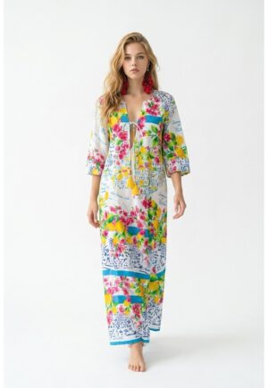 Rochie lunga de vara tip kaftan din bumbac cu imprimeu Amalfi - Alb/Galben/Turcoaz/Roz
