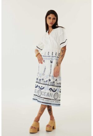 Rochie midi cu croiala in A si decupaj pe spate - Alb/Albastru