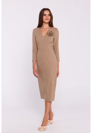 Rochie simpla midi cu decolteu in V - Bej
