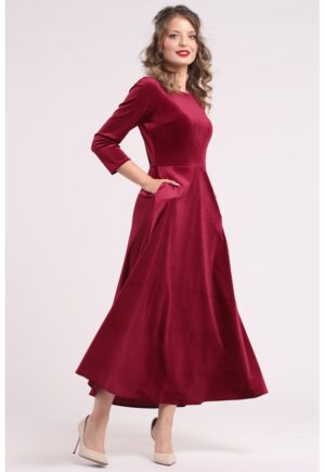 Rochie cu aspect de catifea si buzunare laterale - Visiniu