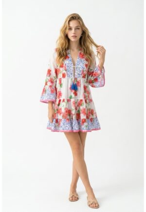 Rochie scurta de vara din bumbac cu imprimeu Amalfi - Rosu/Albastru
