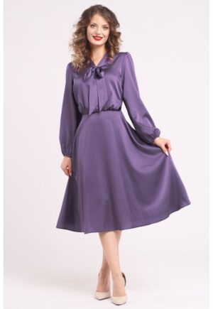 Rochie din satin cu funda din panglici - Violet prafuit