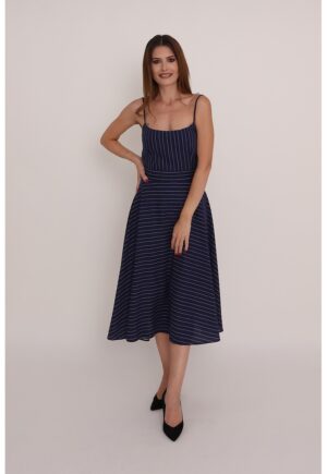 Rochie din amestec de in cu model in dungi Olympia - Bleumarin