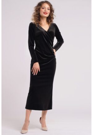 Rochie midi cu aspect de catifea si decolteu cache-coeur - Negru