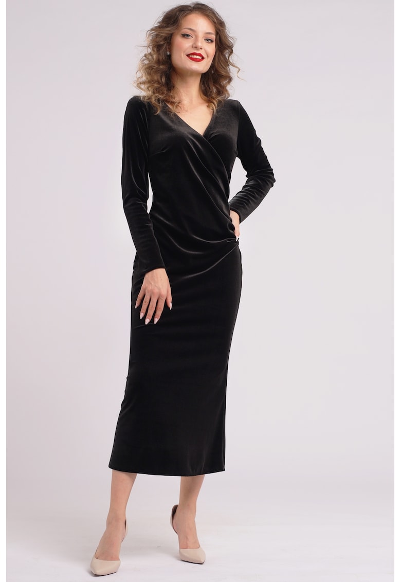 Rochie midi cu aspect de catifea si decolteu cache-coeur - Negru