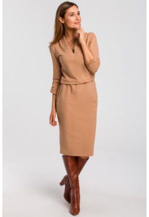 Rochie tricotata cu decolteu - - Bej