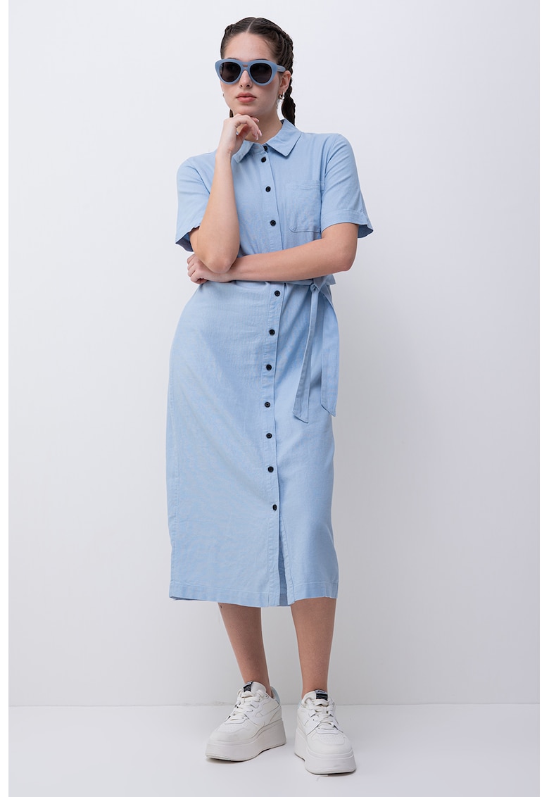 Rochie-camasa midi din amestec de in cu cordon in talie - Albastru pastel