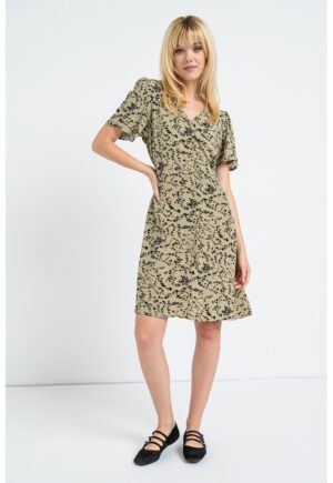 Rochie cu decolteu in V si imprimeu floral - Negru/Kaki